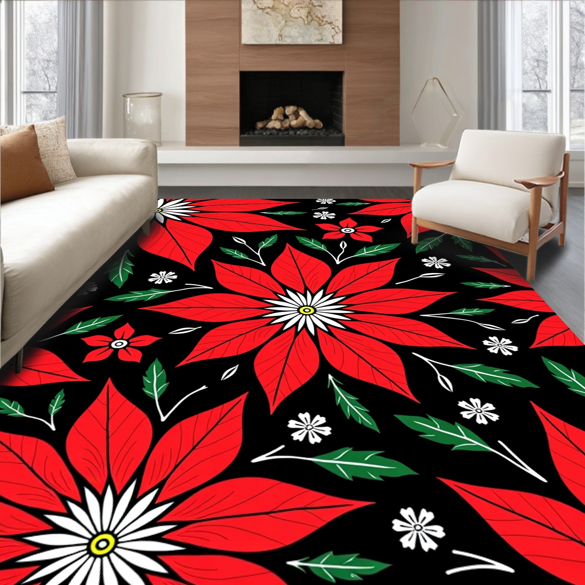 Bold Red Poinsettia Floral Contrast Rug