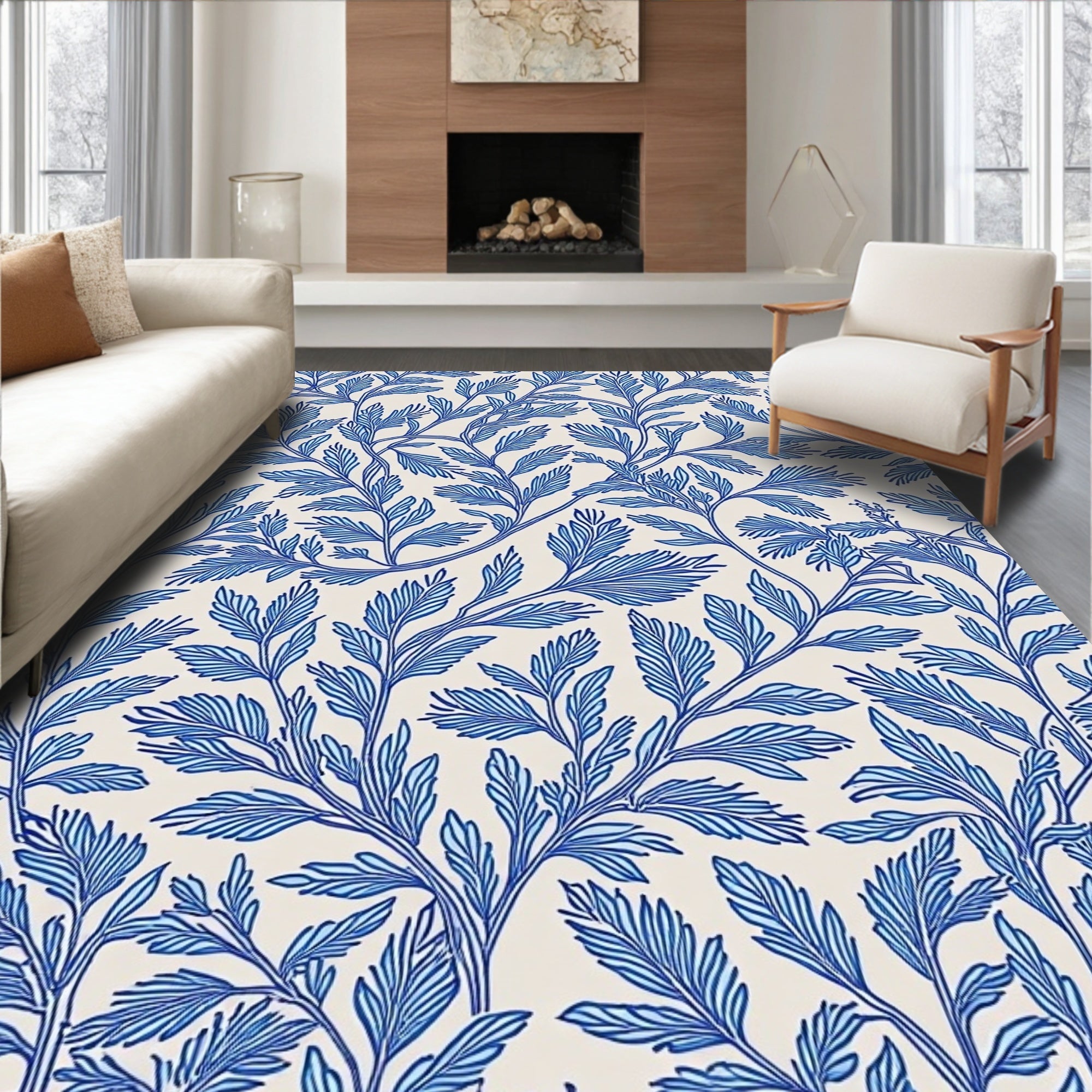 Blue White Leafy Branch Pattern Rug