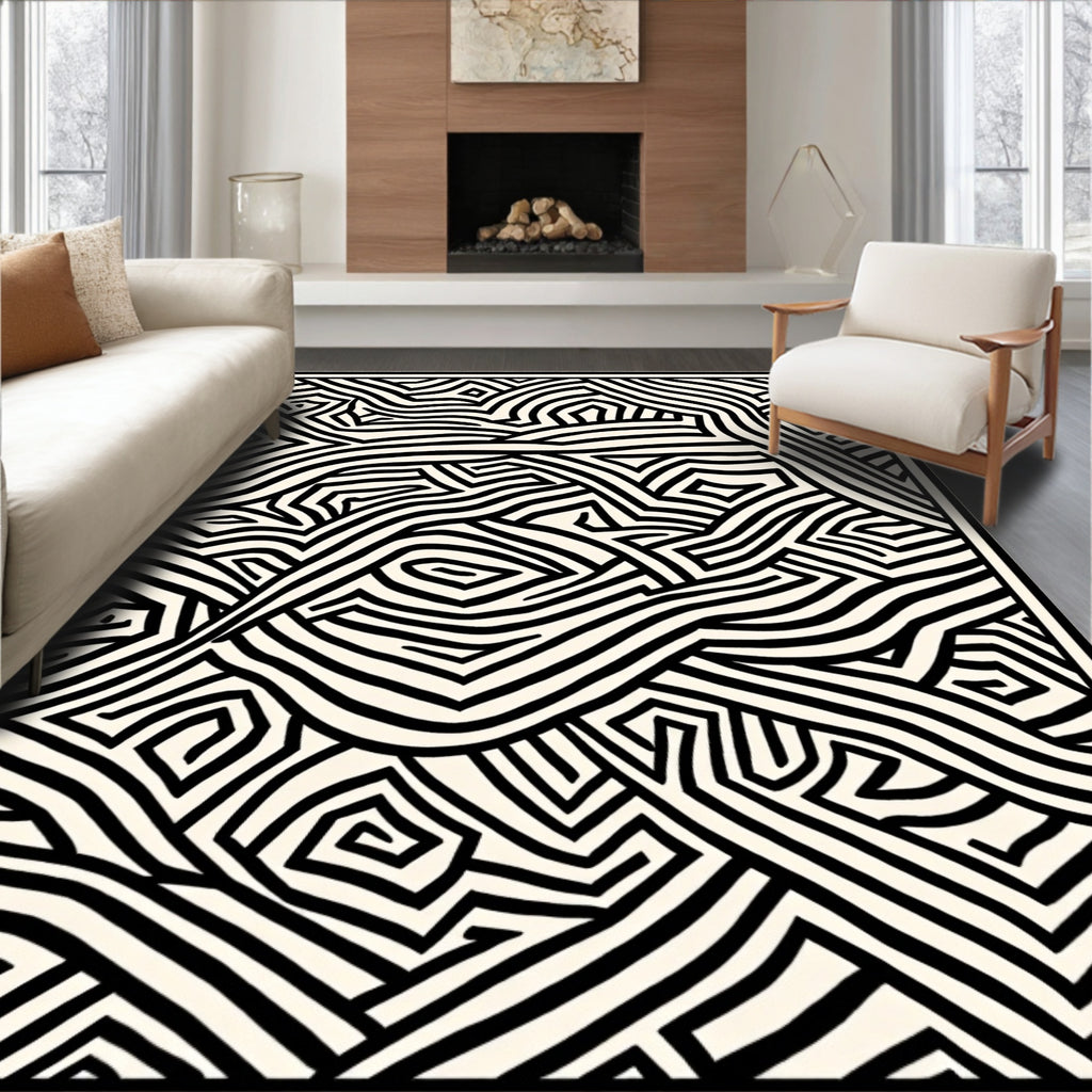 Bold Black And White Abstract Flow Rug