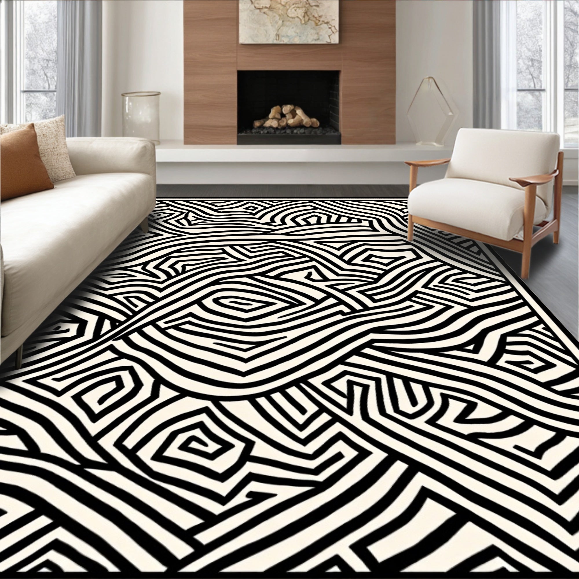 Bold Black And White Abstract Flow Rug