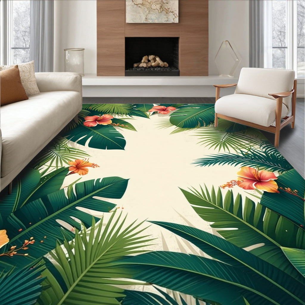Lush Tropical Floral Leaf Pattern Rug