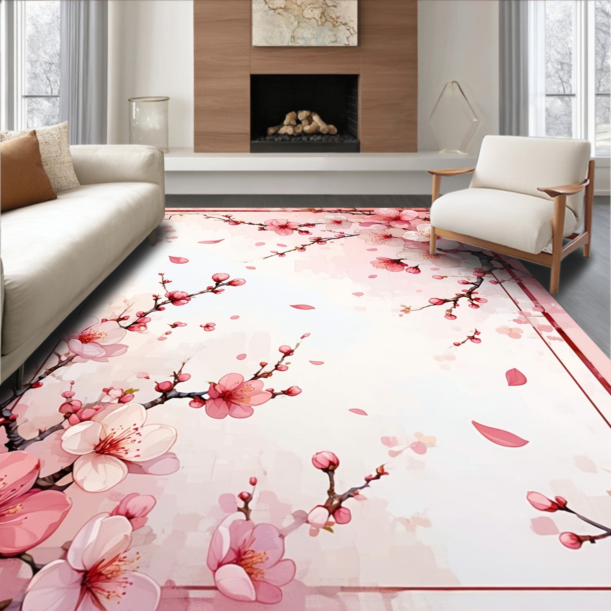 Pink Cherry Blossom Delicate Floral Pattern Rug