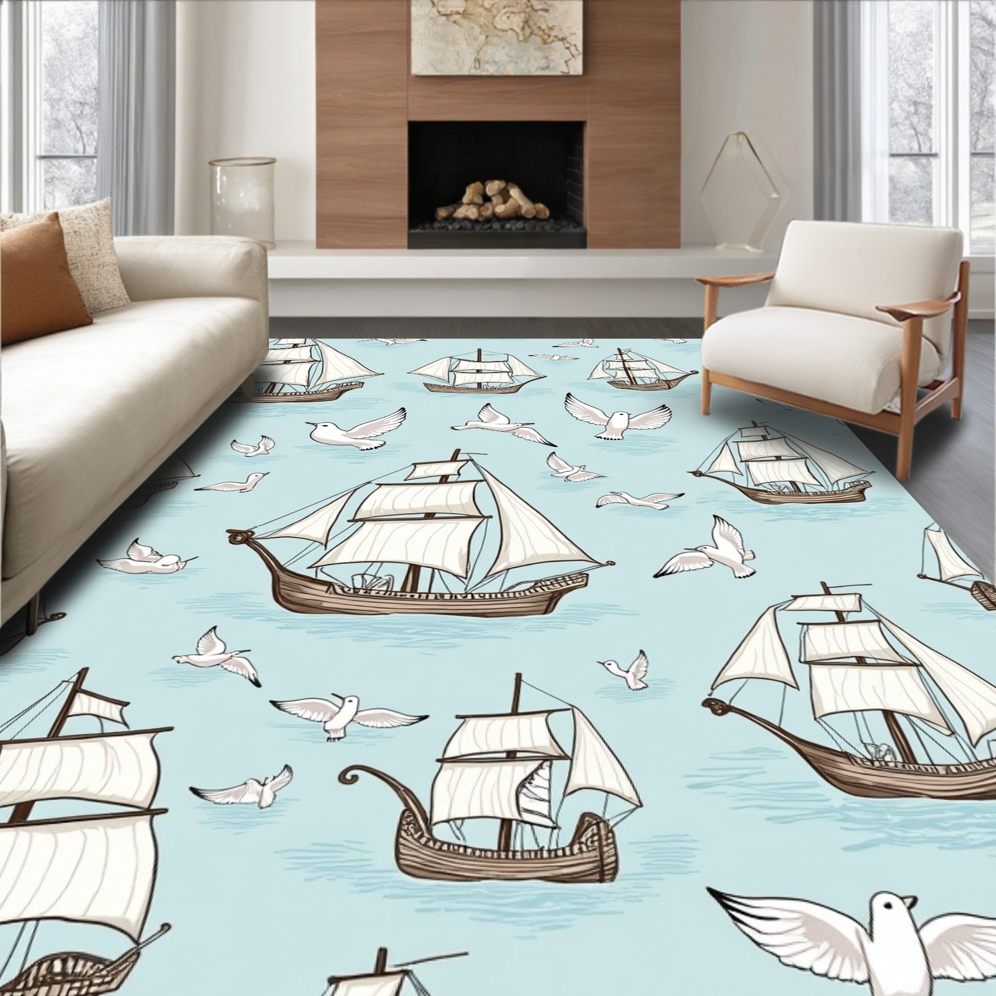 Vintage Sailboats And Seagulls Pattern Rug