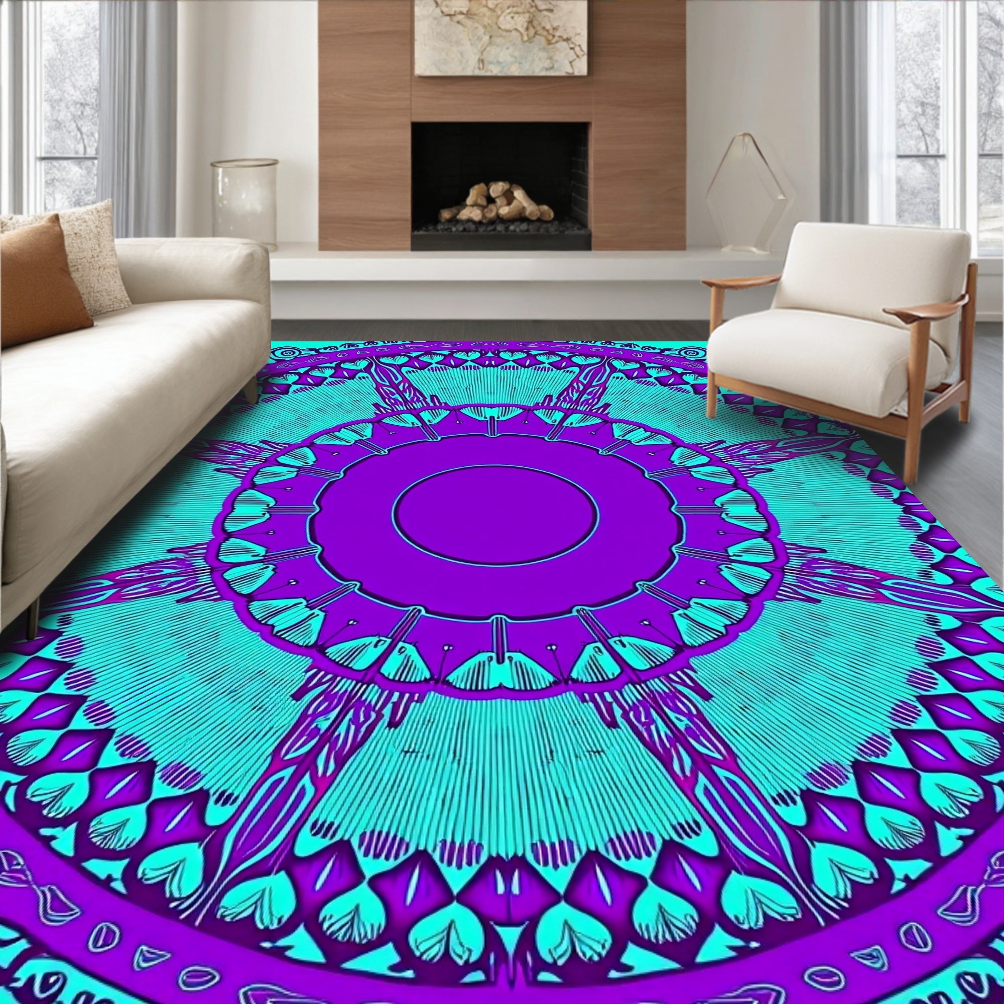 Vibrant Purple Teal Radial Pattern Design Rug