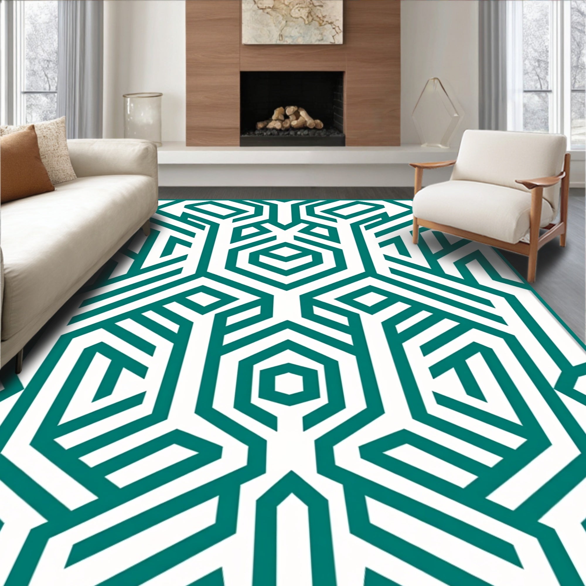 Teal Geometric Interlocking Abstract Pattern Rug