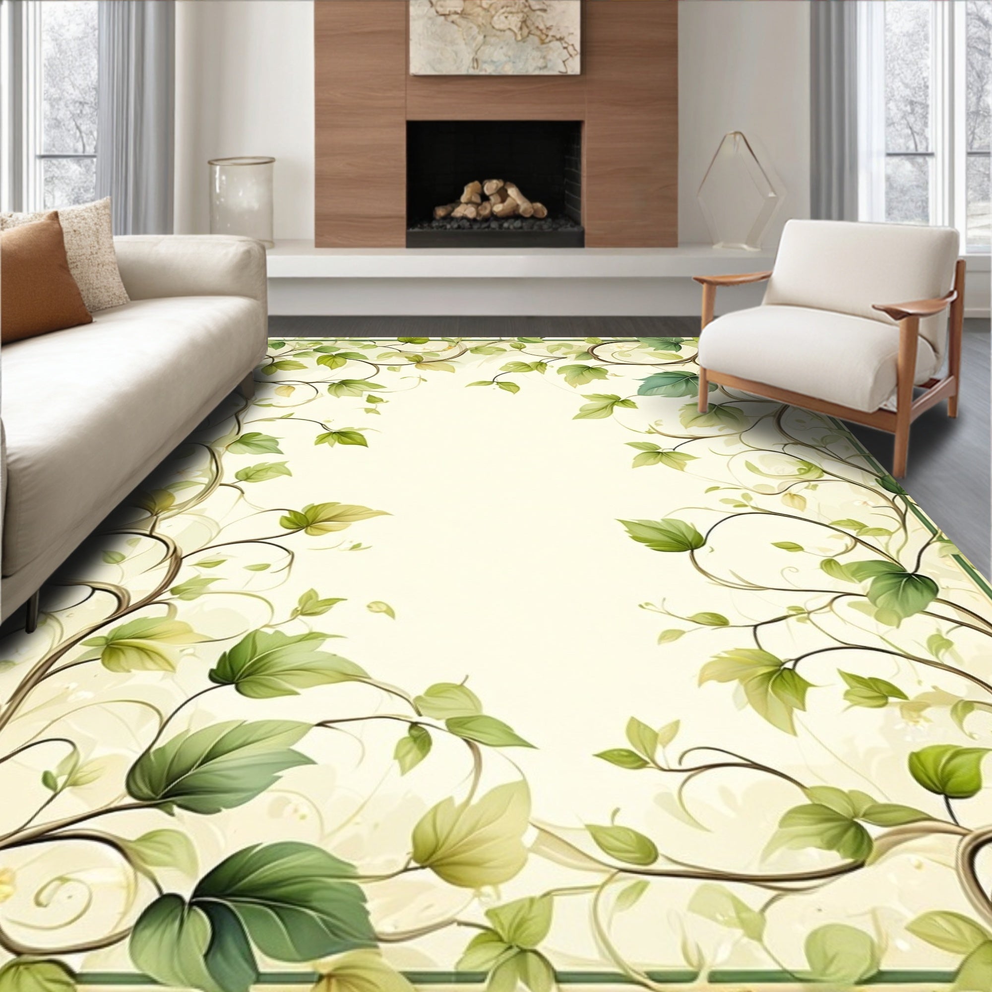 Green Vine Scroll Patterned Art Rug