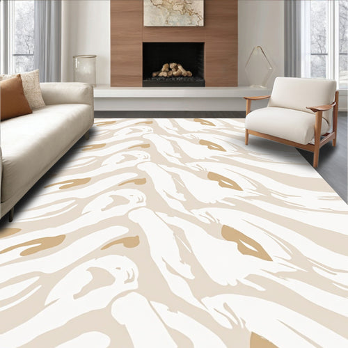 Abstract Brushstroke Tan White Stripes Rug