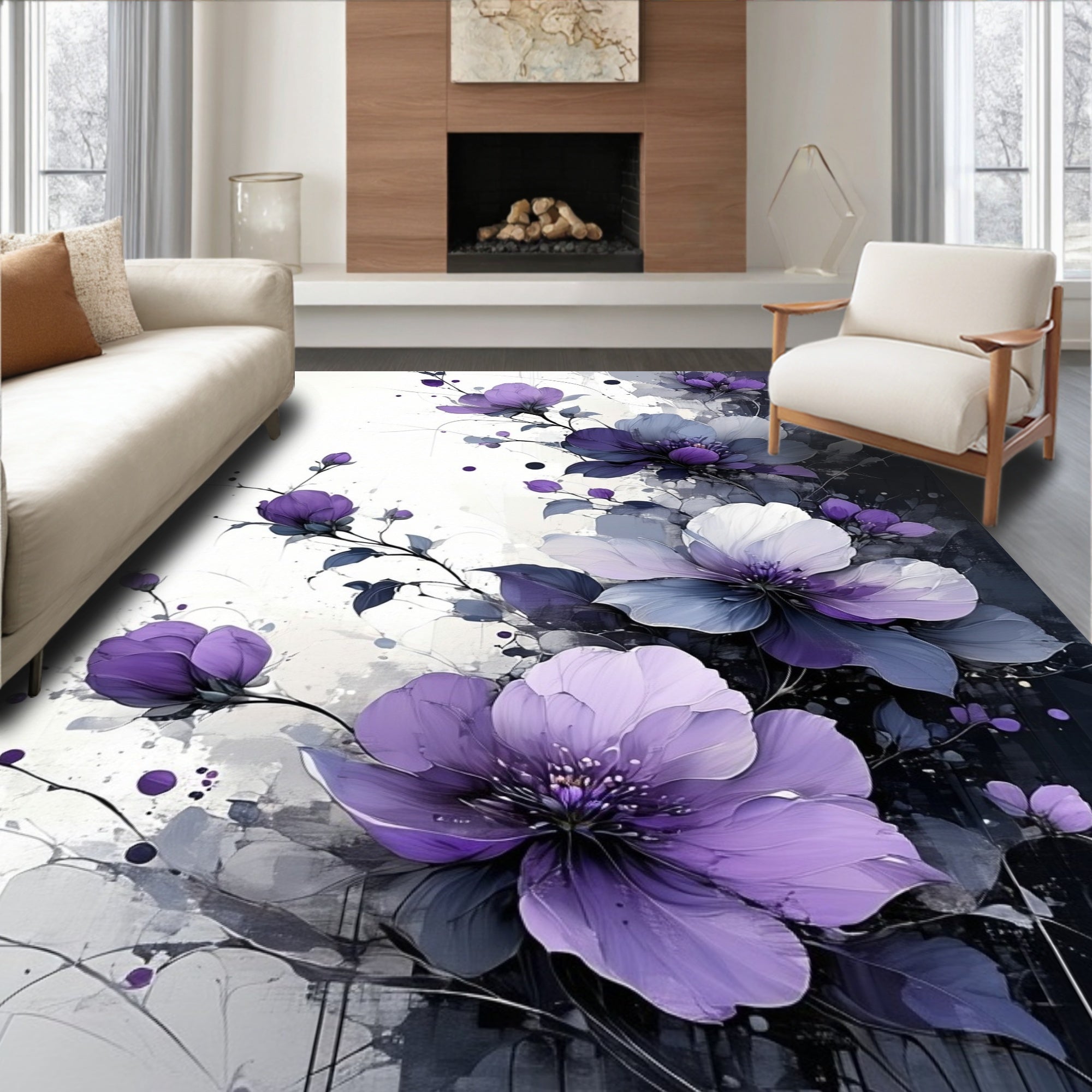 Purple Blossom Watercolor Art Rug