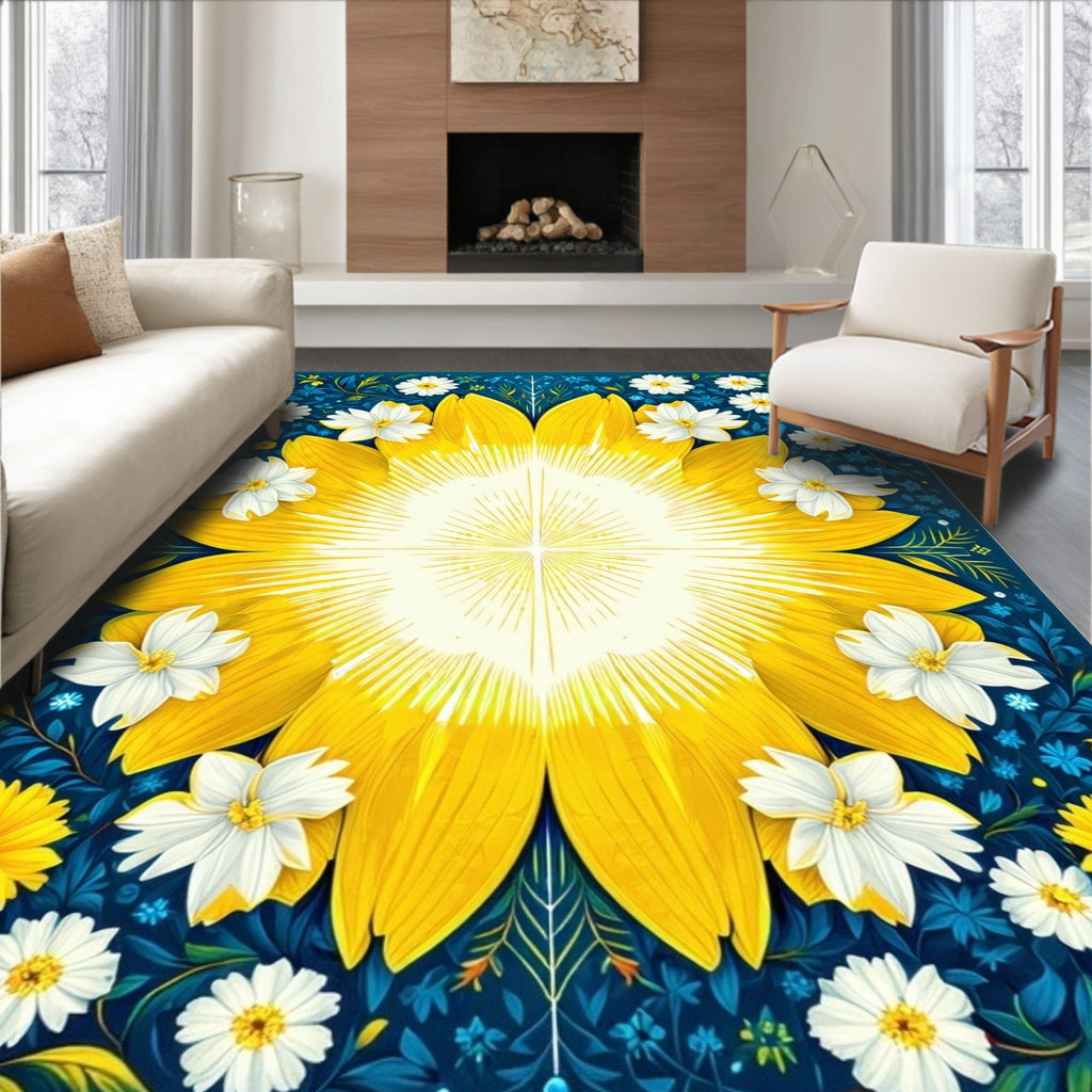 Golden Sunflower Burst Floral Pattern Rug