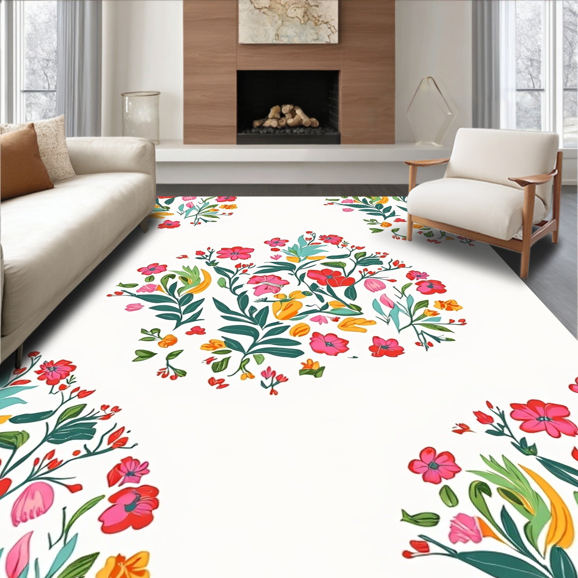 Vibrant Floral Print With Leaves Rug