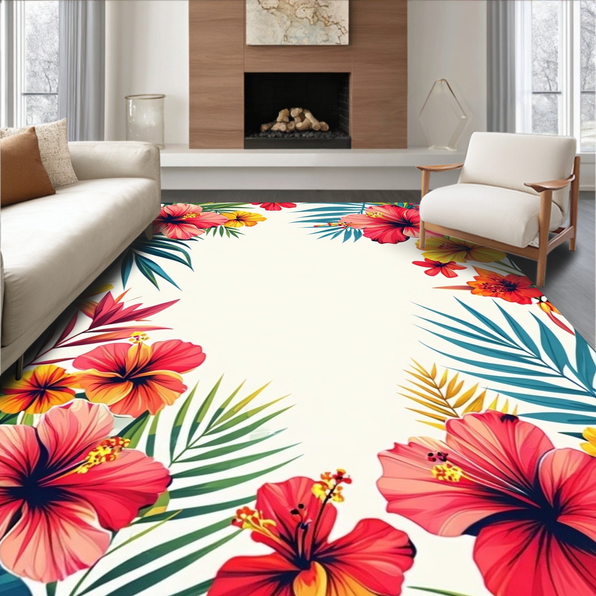 Tropical Hibiscus Floral Palm Leaf Design Rug