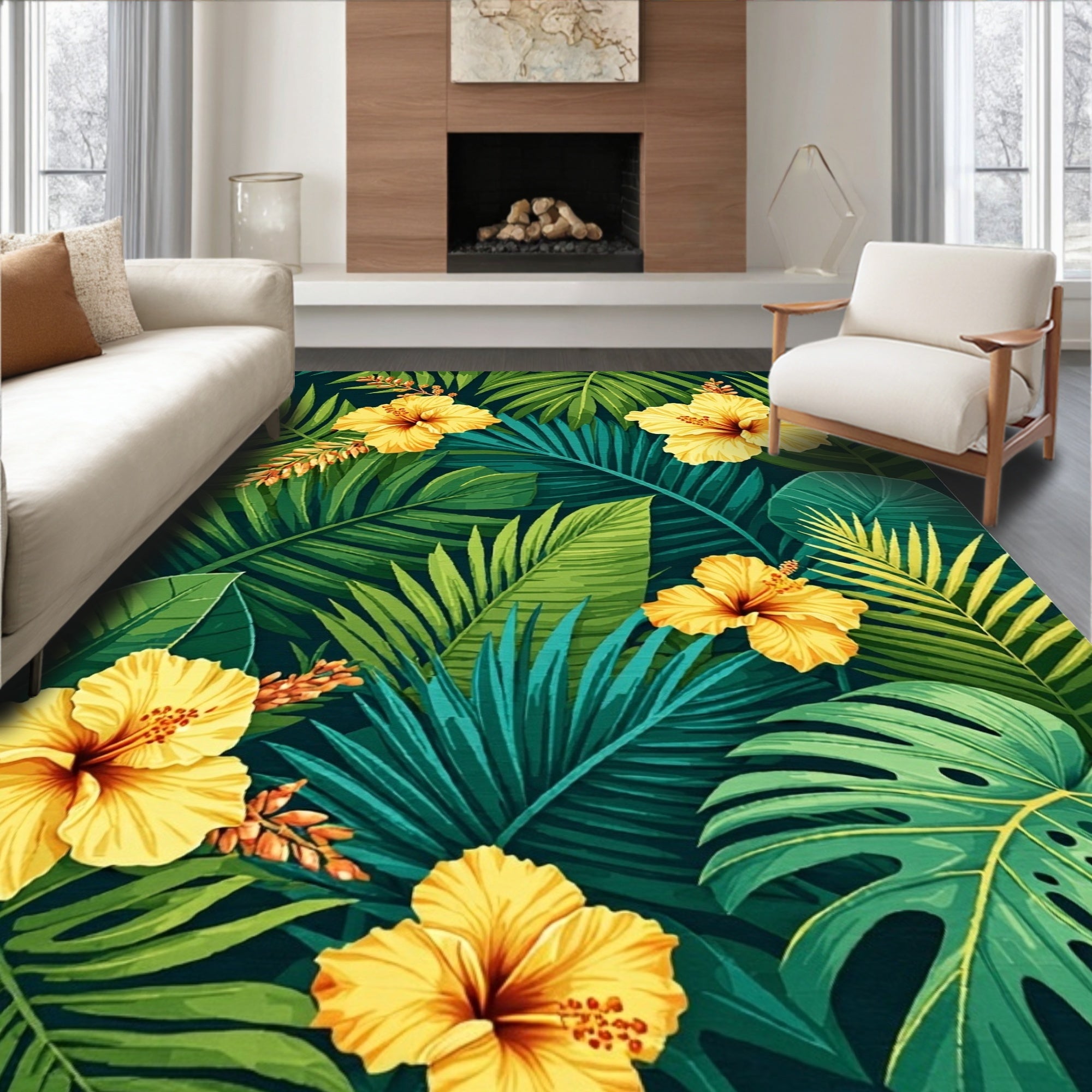 Vibrant Tropical Floral Leaf Pattern Rug