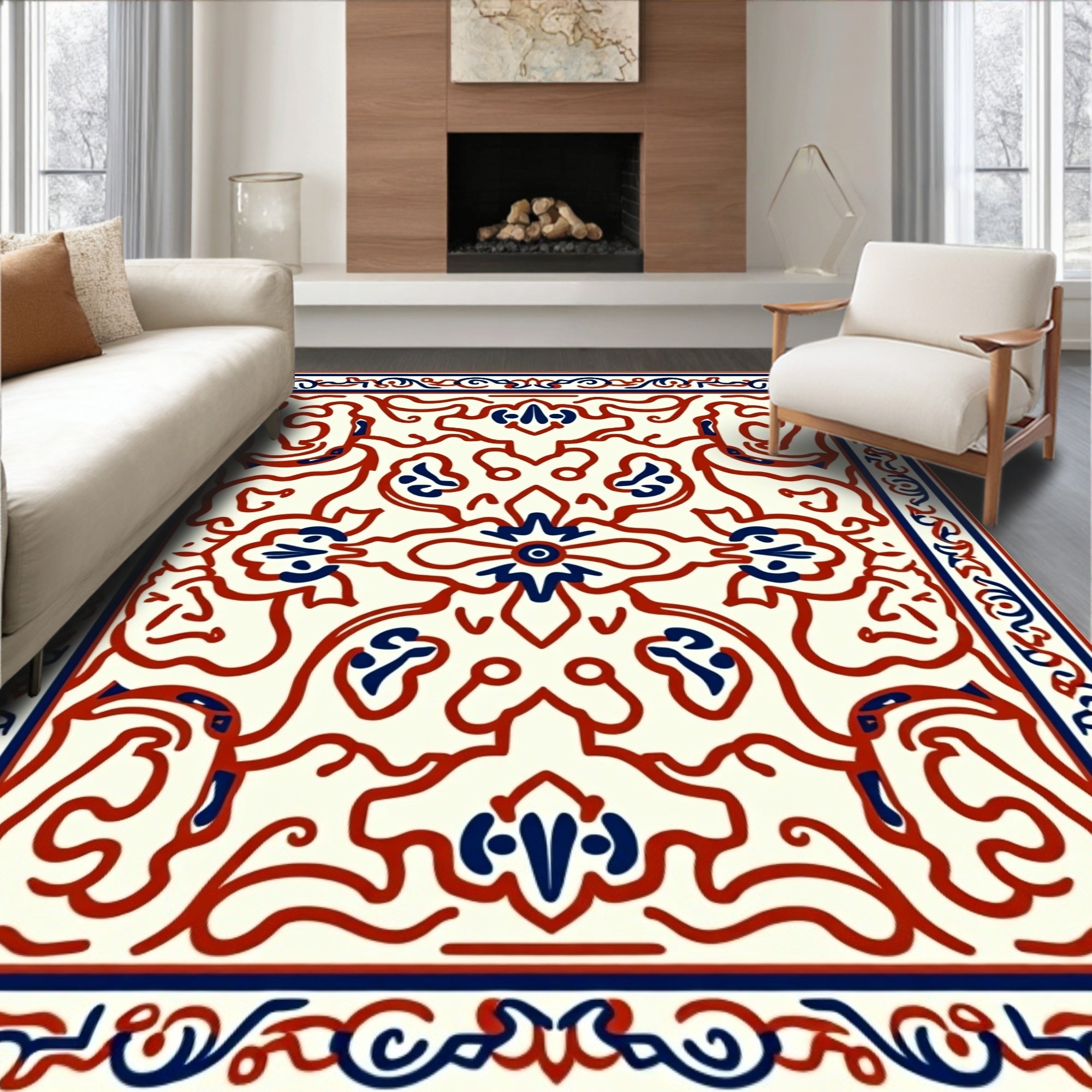 Elegant Red Blue Floral Scroll Rug