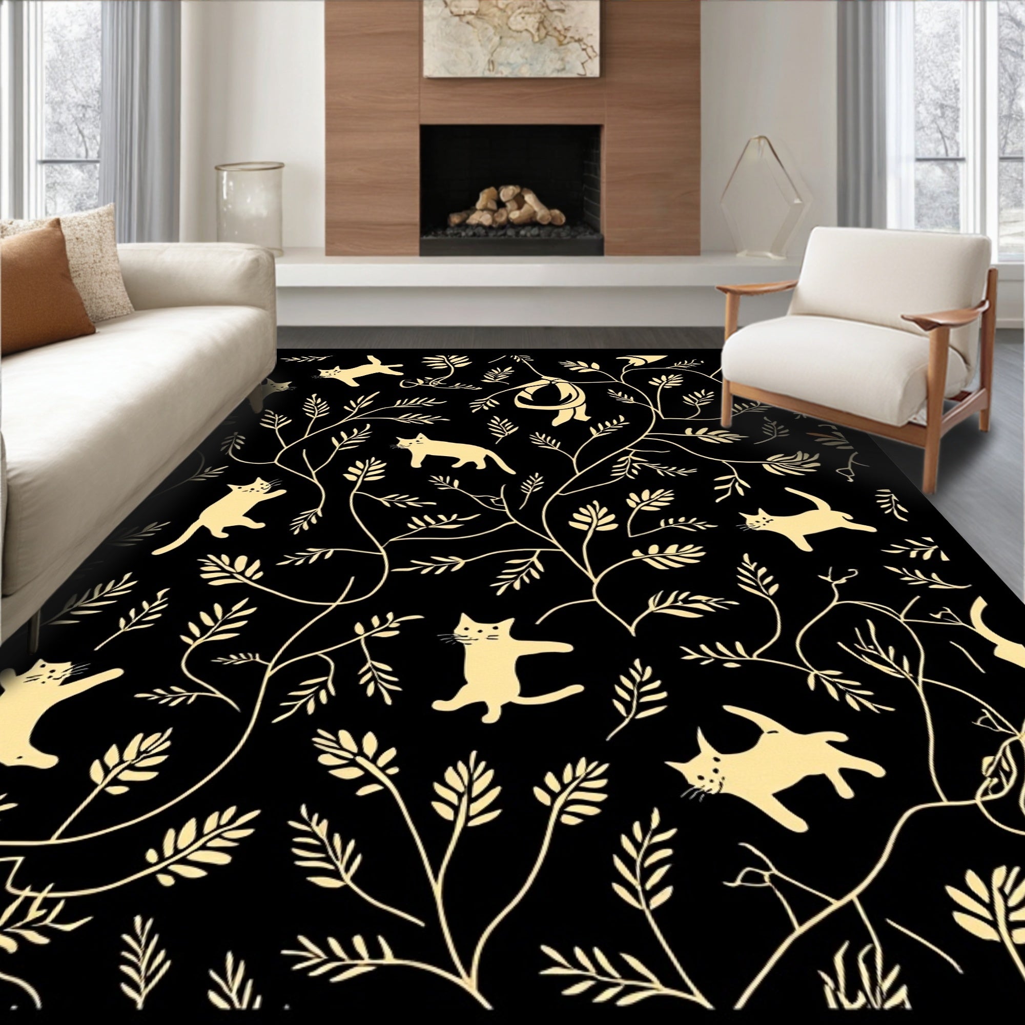 Whimsical Cat And Foliage Pattern Rug