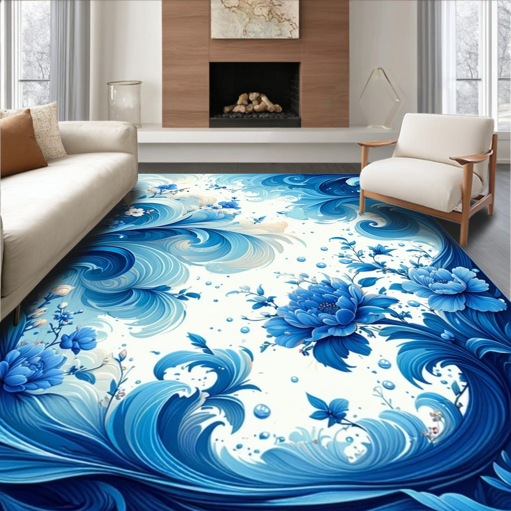 Blue Floral Swirls And Waves Design Rug