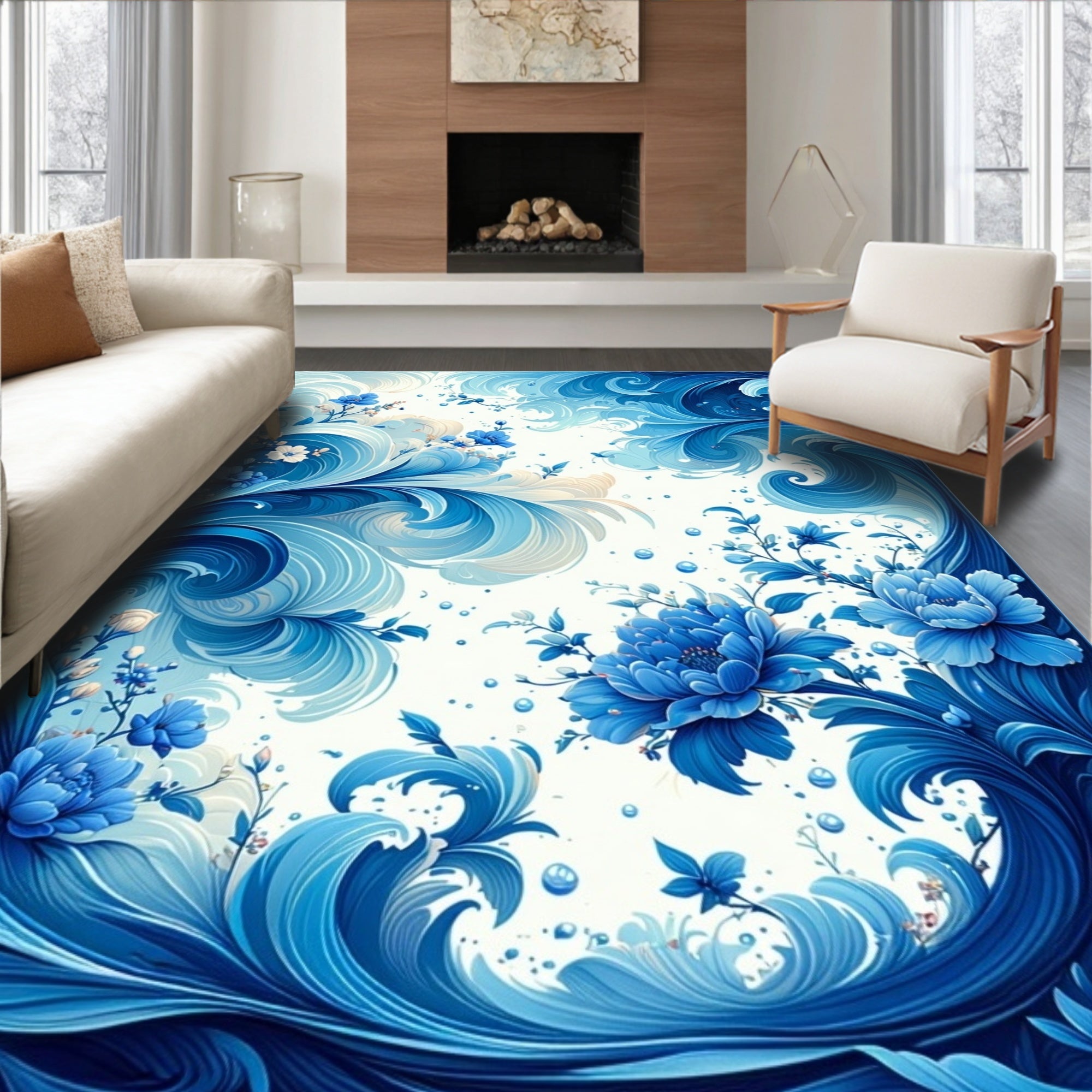 Blue Floral Swirls And Waves Design Rug