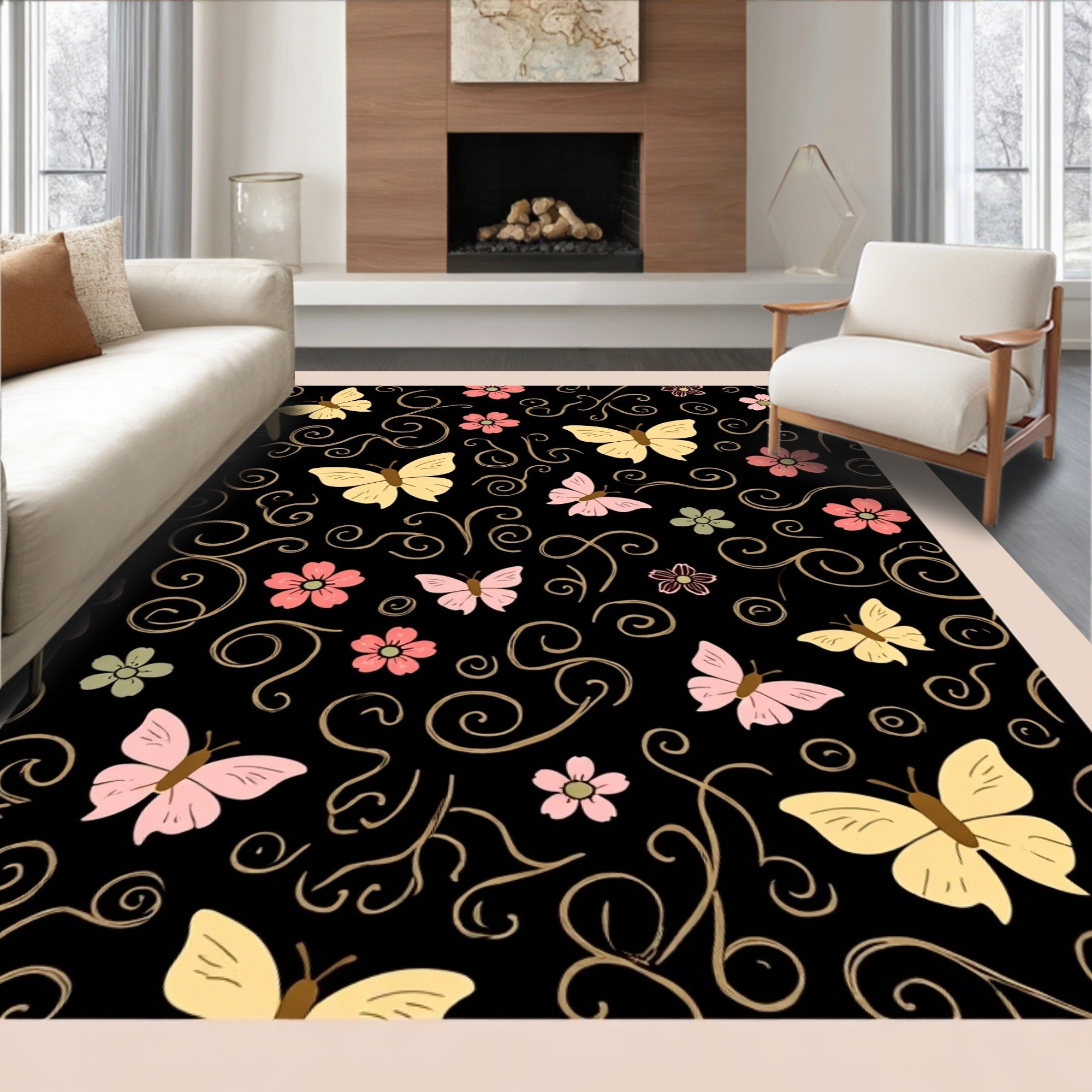 Whimsical Butterfly Floral Scroll Design Rug