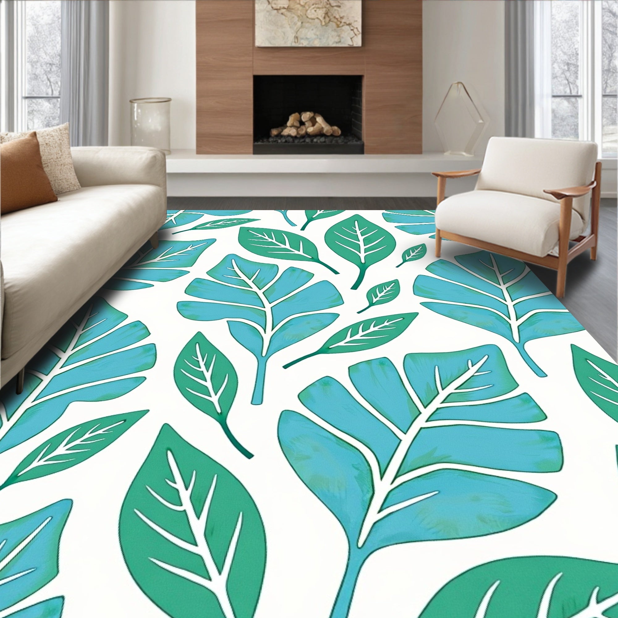 Teal Green Tropical Leaf Arrangement Rug