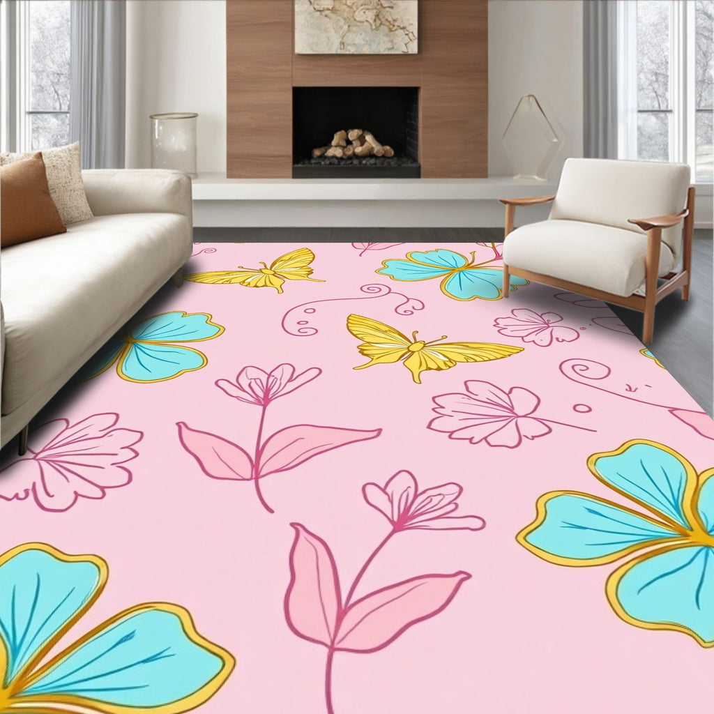 Pink Yellow Teal Butterfly Floral Pattern Rug