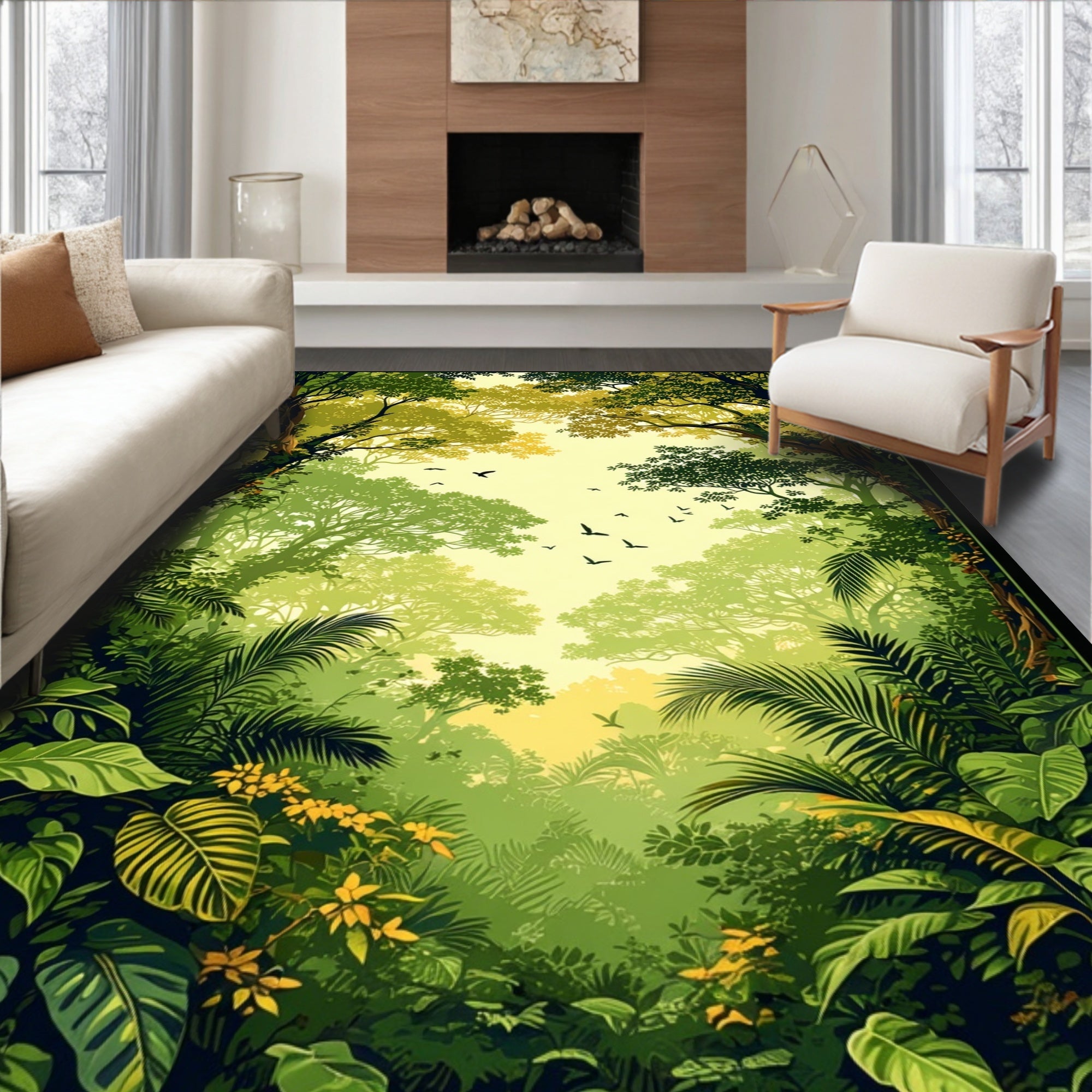 Lush Green Forest with Birds Pattern Rug