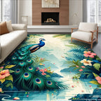 Lush Tropical Peacock Floral Scene Rug