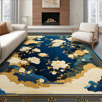 Elegant White Peony Floral Gold Design Rug