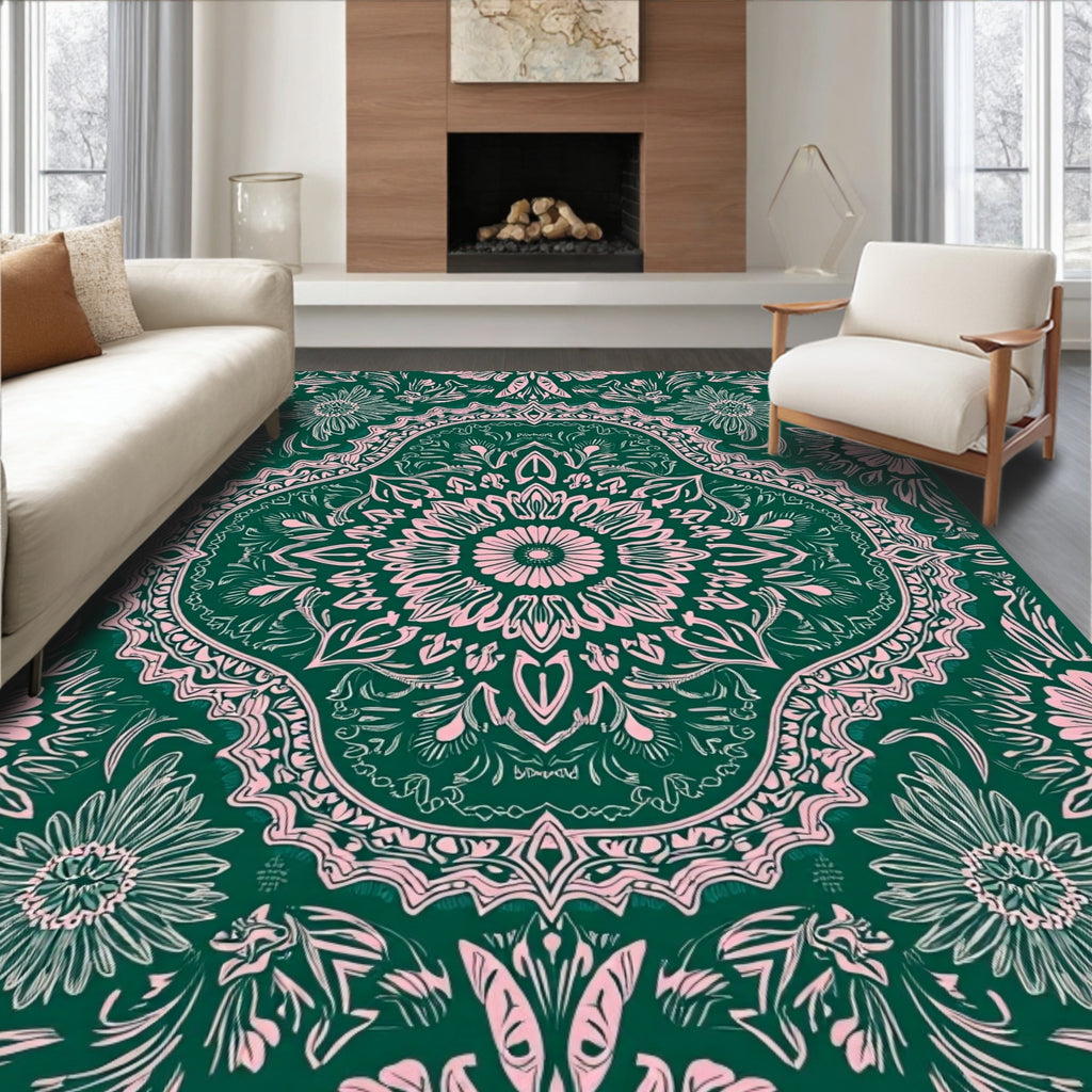 Floral Mandala Patterned Green Pink Rug