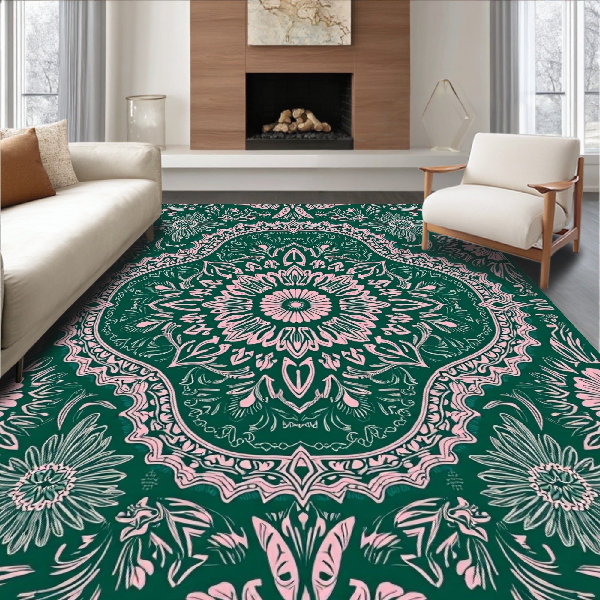 Floral Mandala Patterned Green Pink Rug