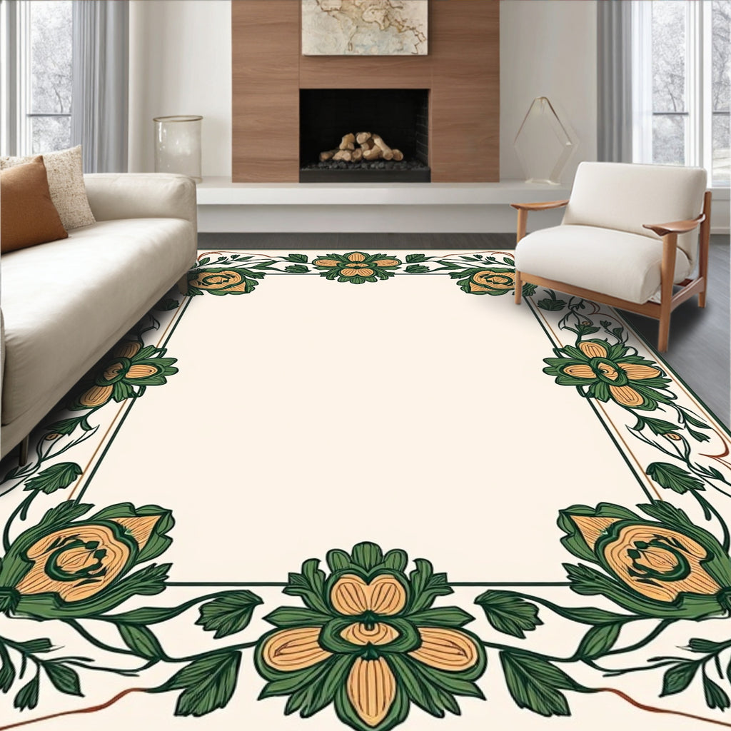 Green Orange Floral Border Design Rug