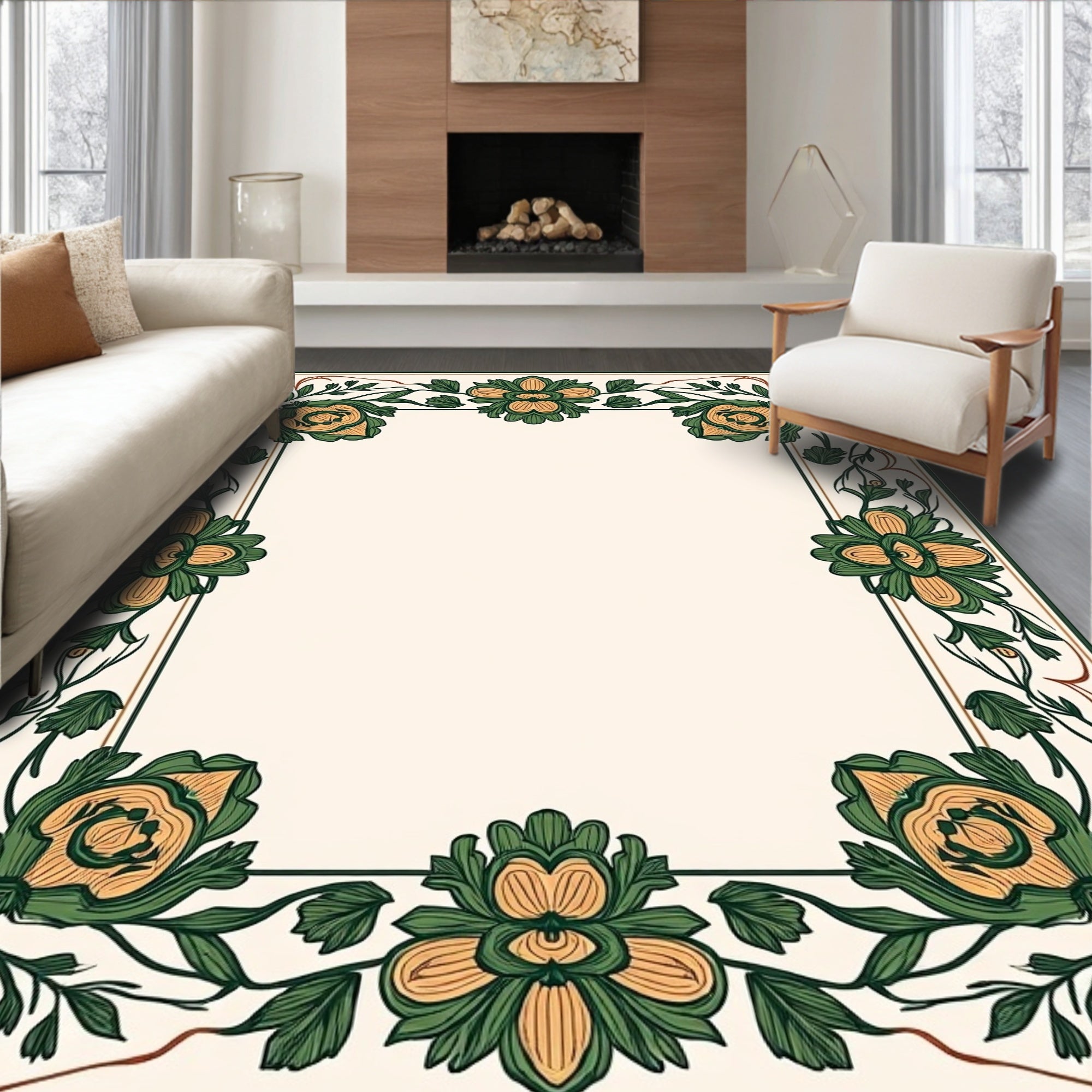 Green Orange Floral Border Design Rug