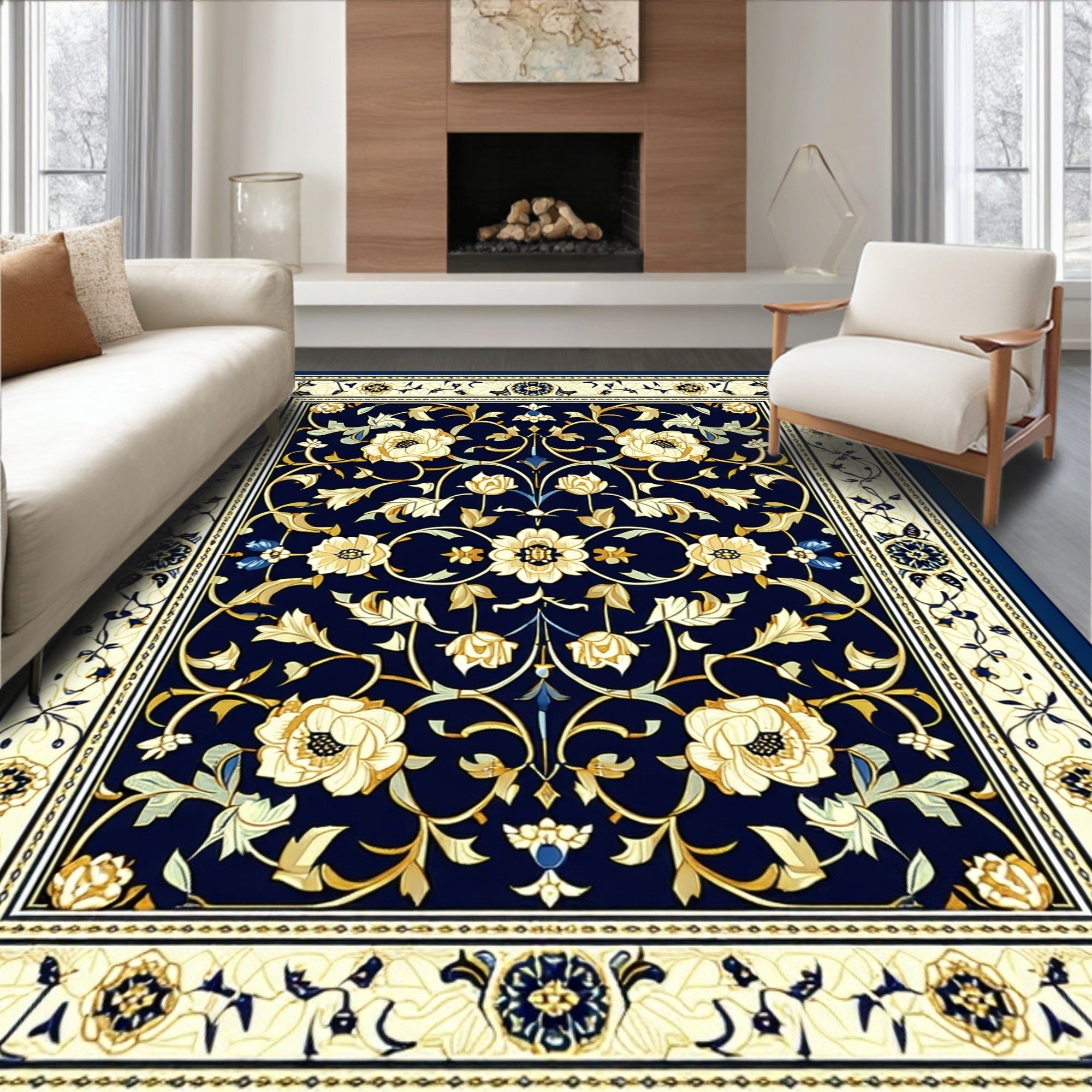 Ornate Navy Floral Border Pattern Rug