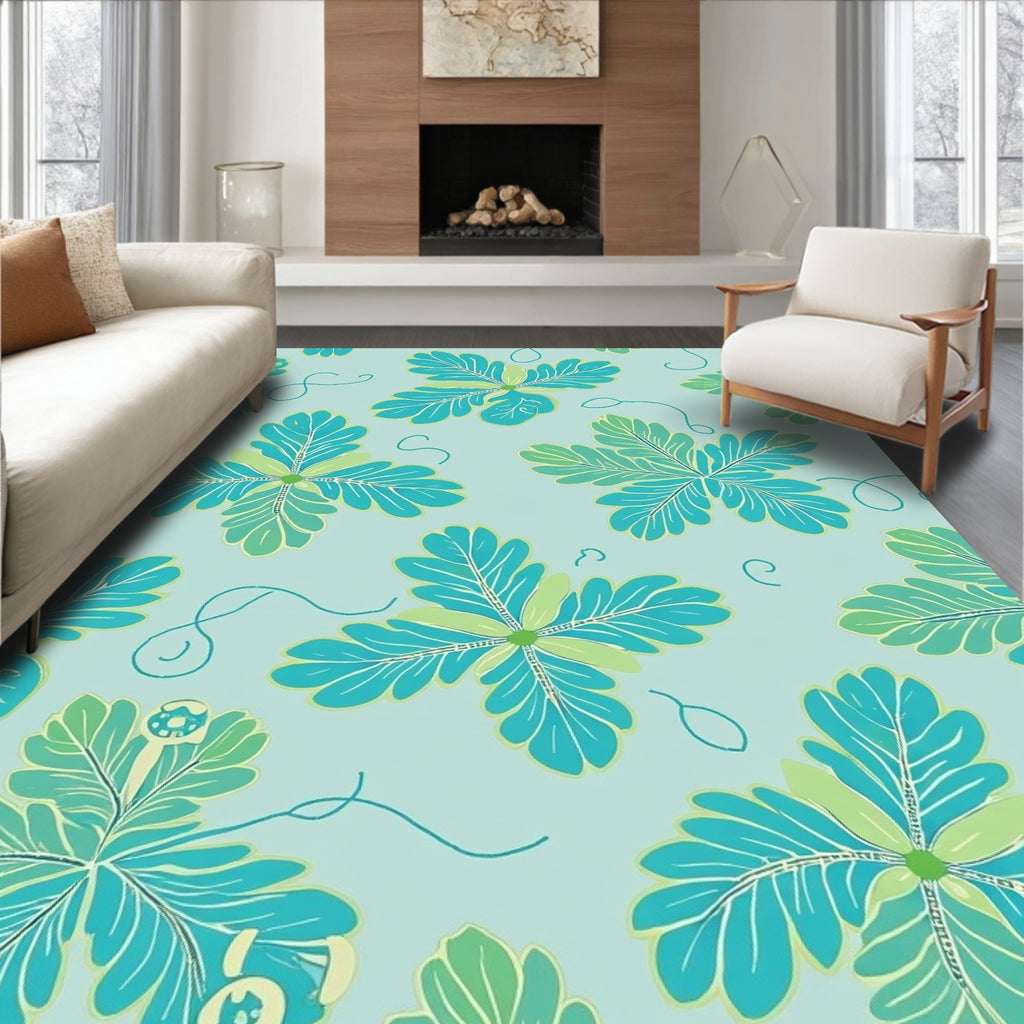 Delicate Teal Leaf Pattern Rug