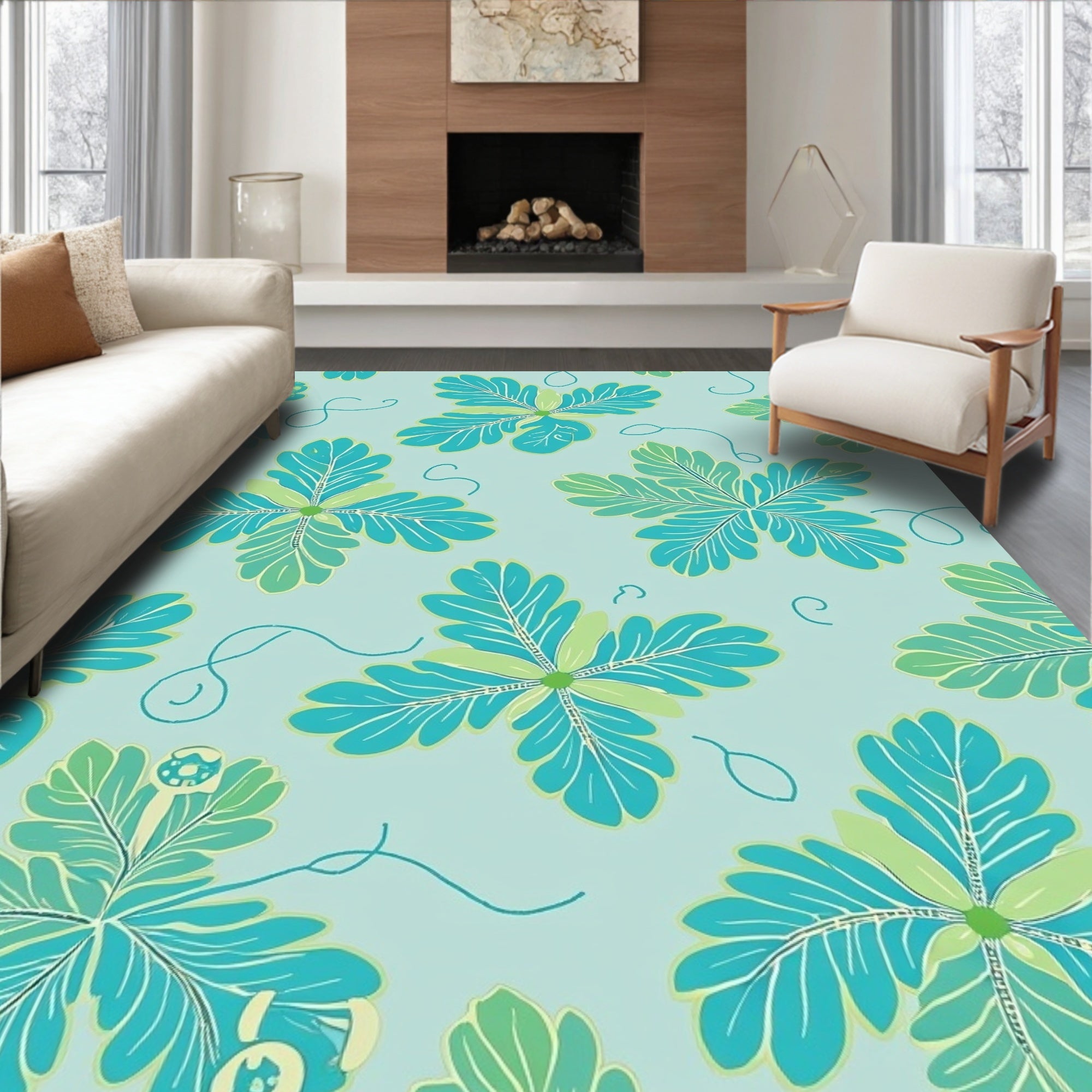 Delicate Teal Leaf Pattern Rug