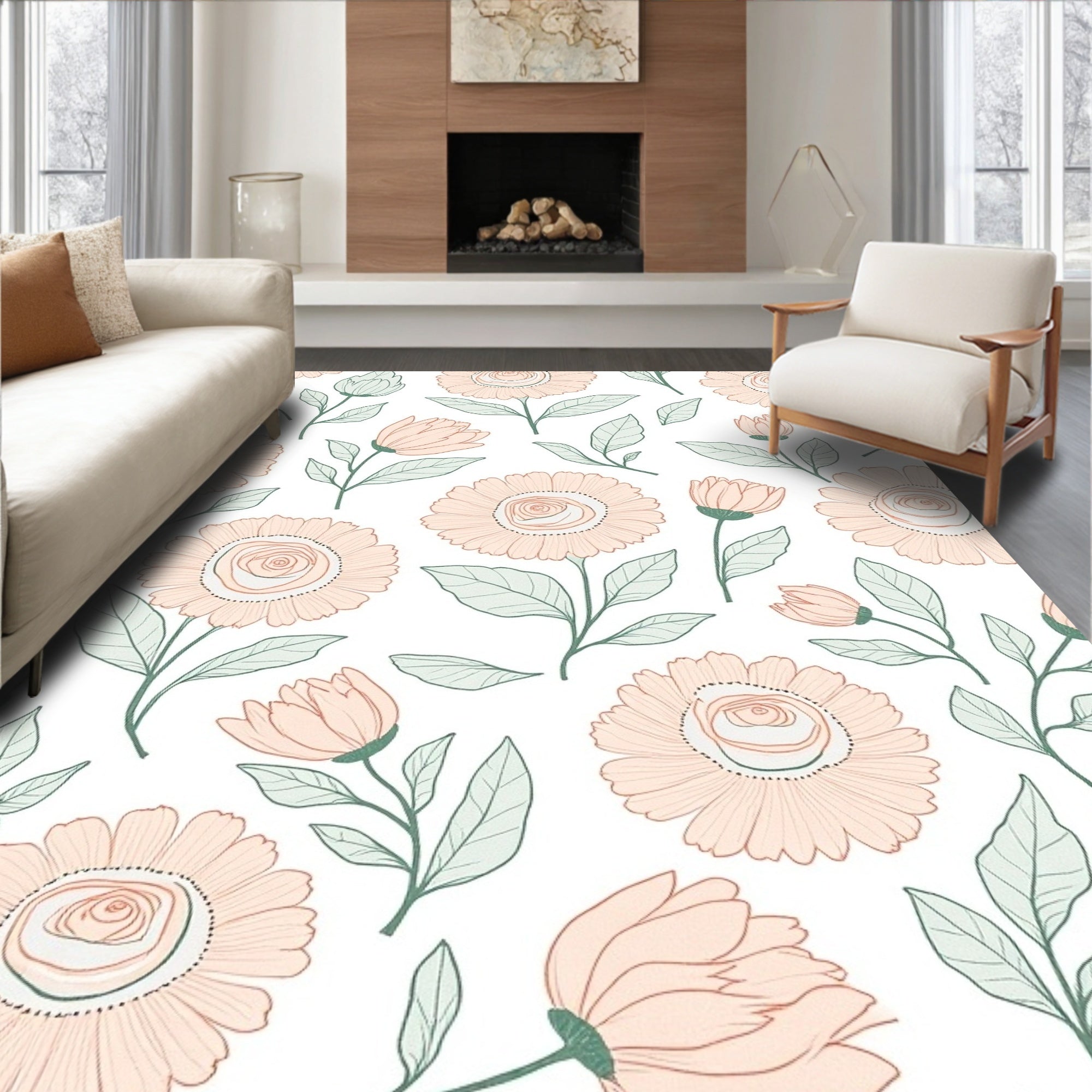 Peachy Floral Line Art Pattern Rug