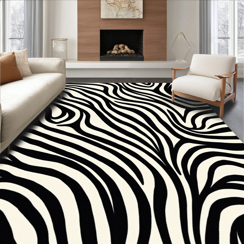Bold Black White Wavy Stripes Pattern Rug