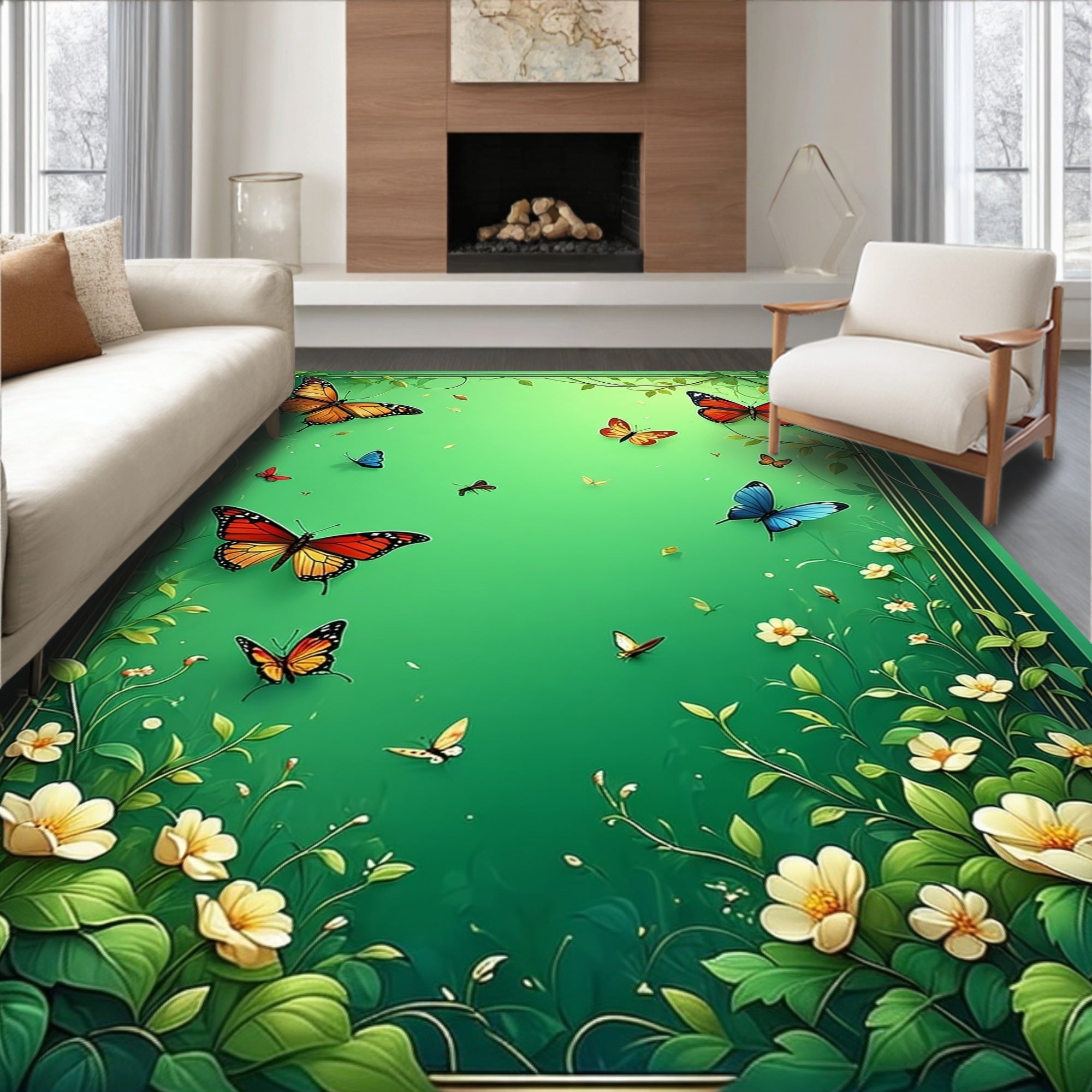 Whimsical Butterfly Garden Floral Scroll Rug