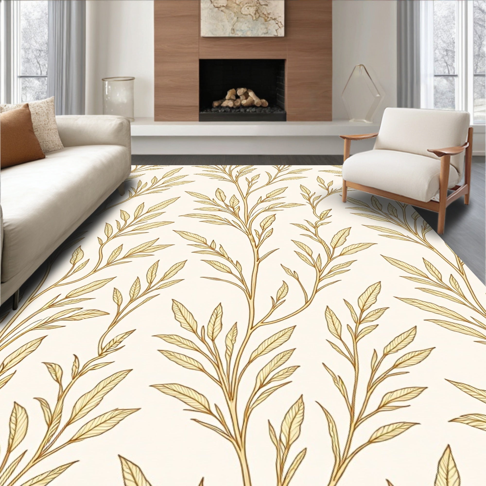 Elegant Branch Pattern Subtle Gold Design Rug