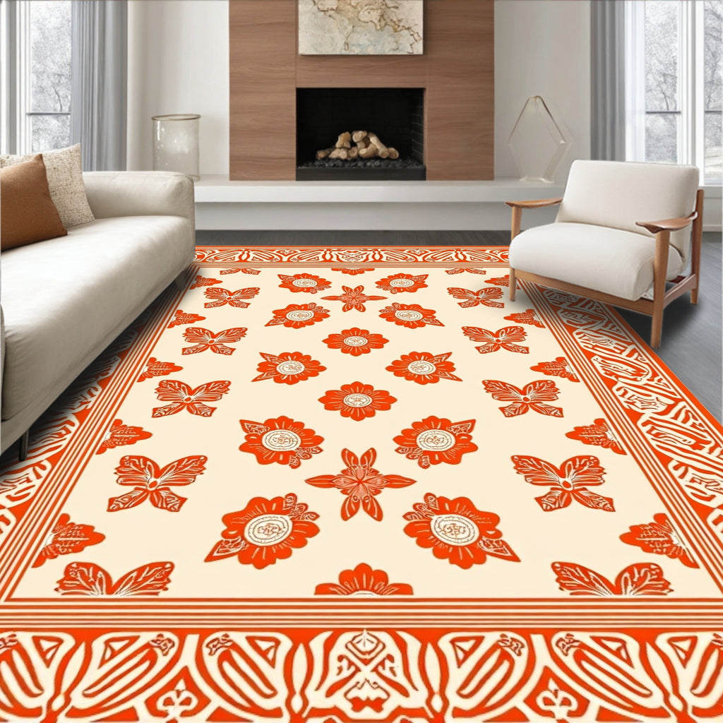 Orange Floral Butterfly Border Pattern Rug