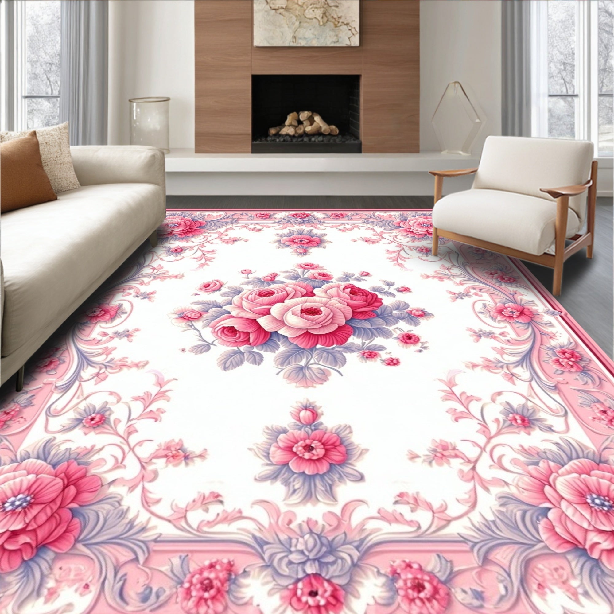 Pastel Pink Floral Scrollwork Rug