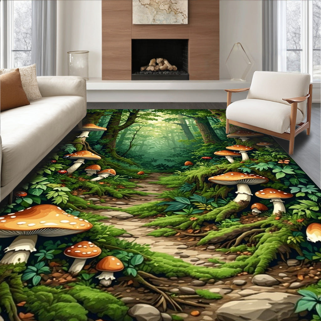Enchanted Forest Mushroom Scene Rug