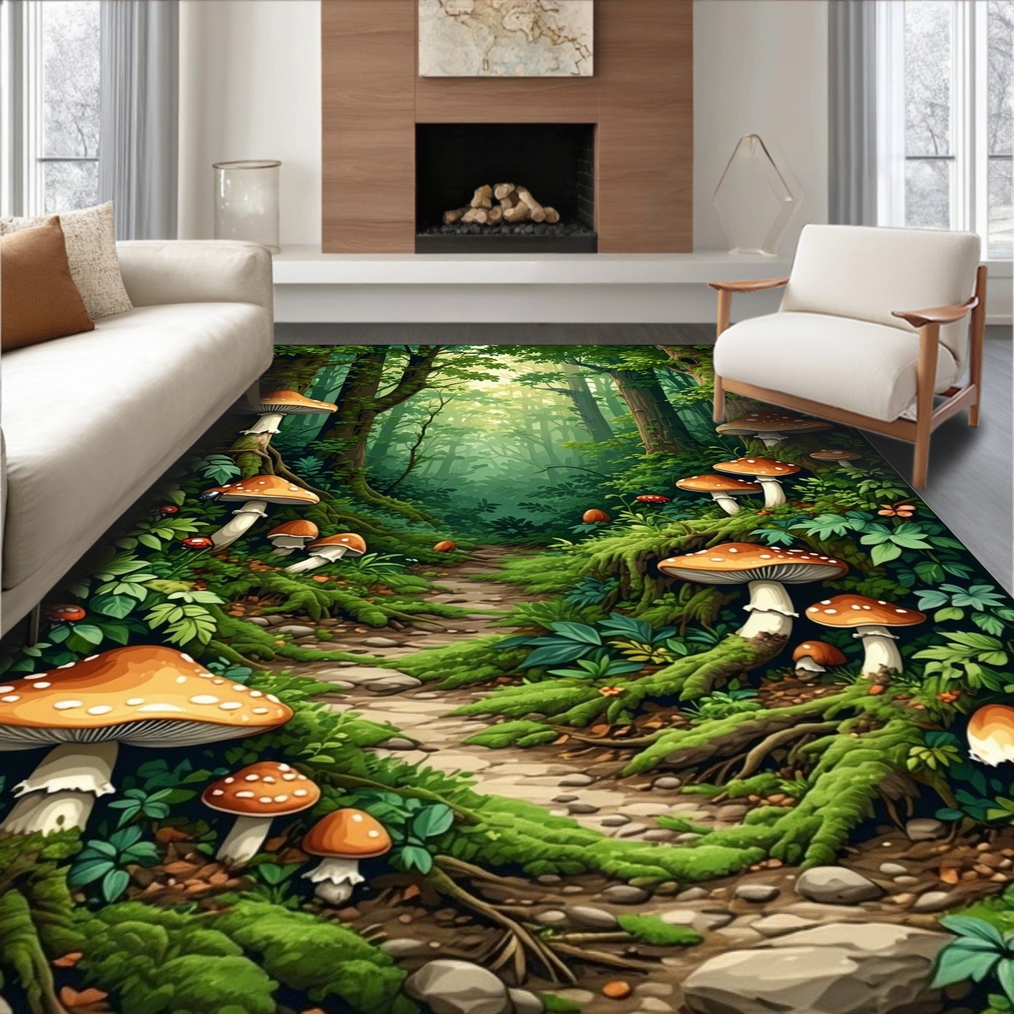 Enchanted Forest Mushroom Scene Rug
