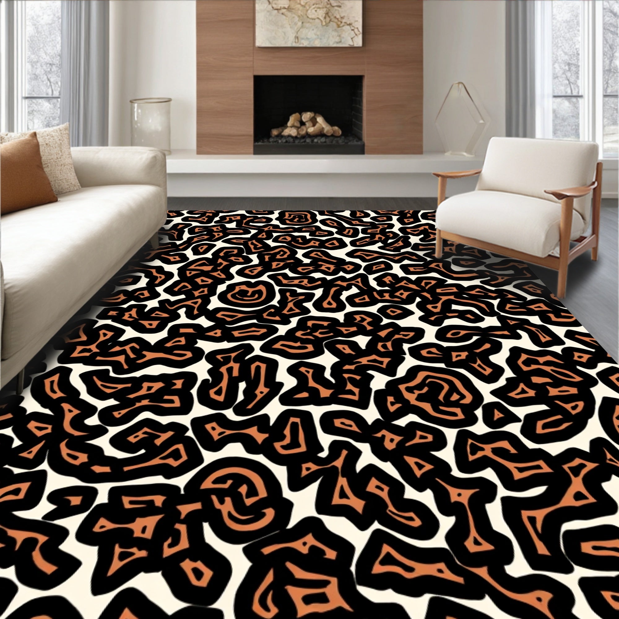 Abstract Orange Black Wavy Pattern Rug