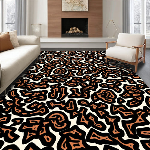 Abstract Orange Black Wavy Pattern Rug