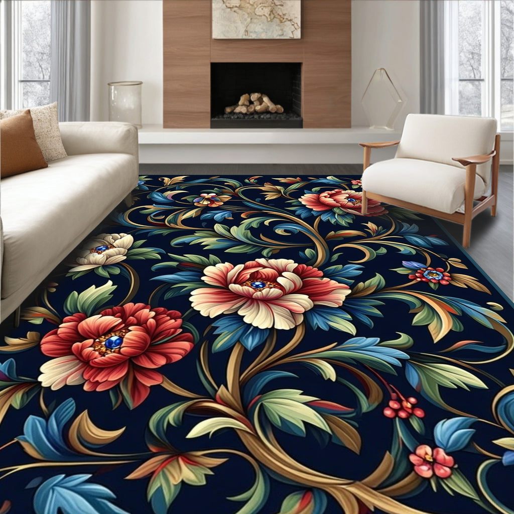 Ornate Floral Vines Dark Rug