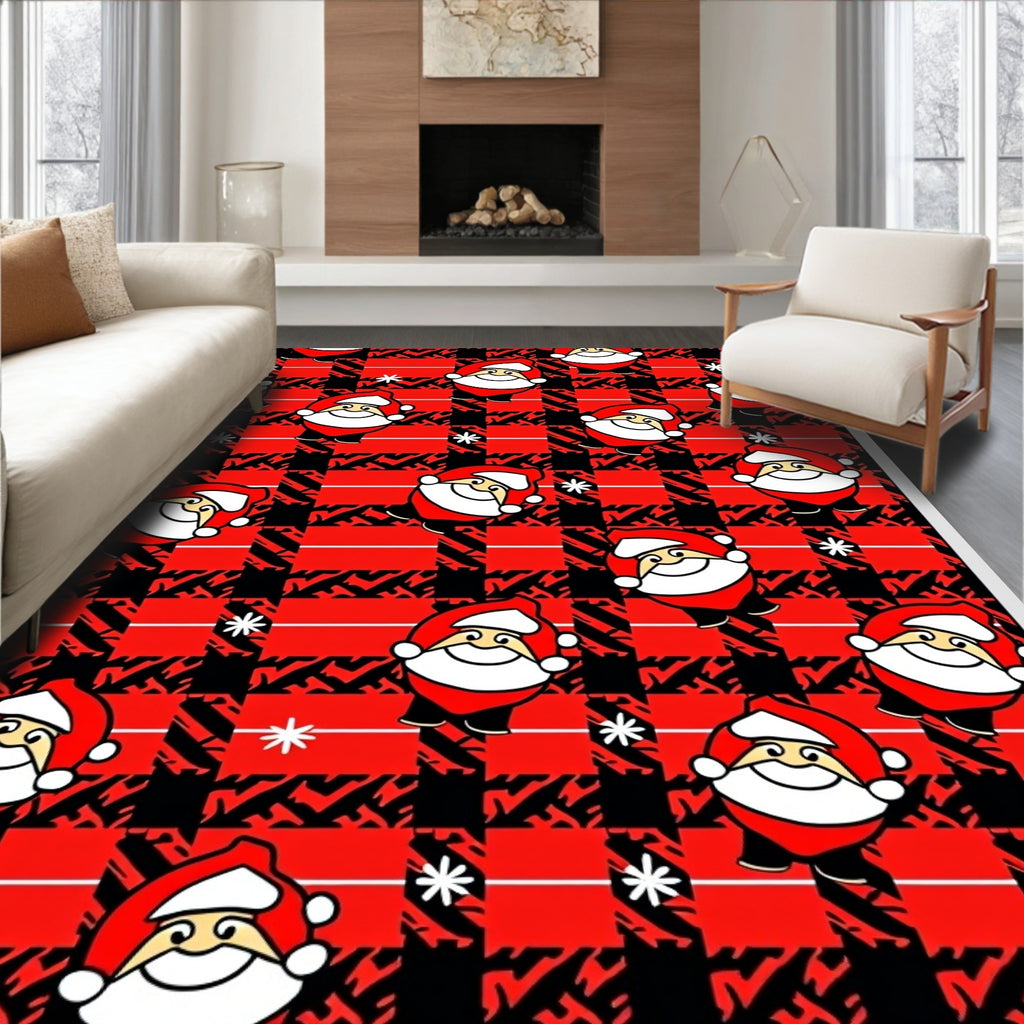 Cozy Red Plaid Jolly Santa Snowflakes Rug