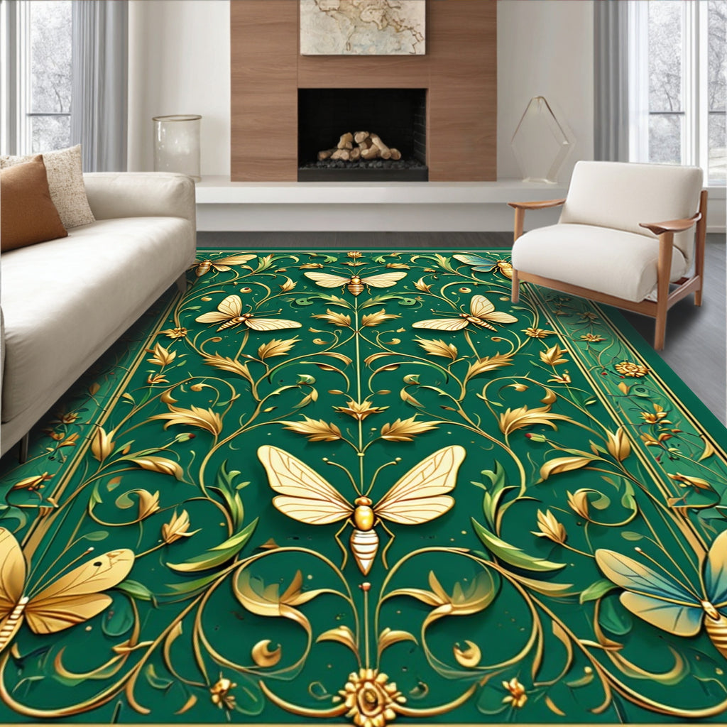 Ornate Emerald Butterfly Floral Design Rug