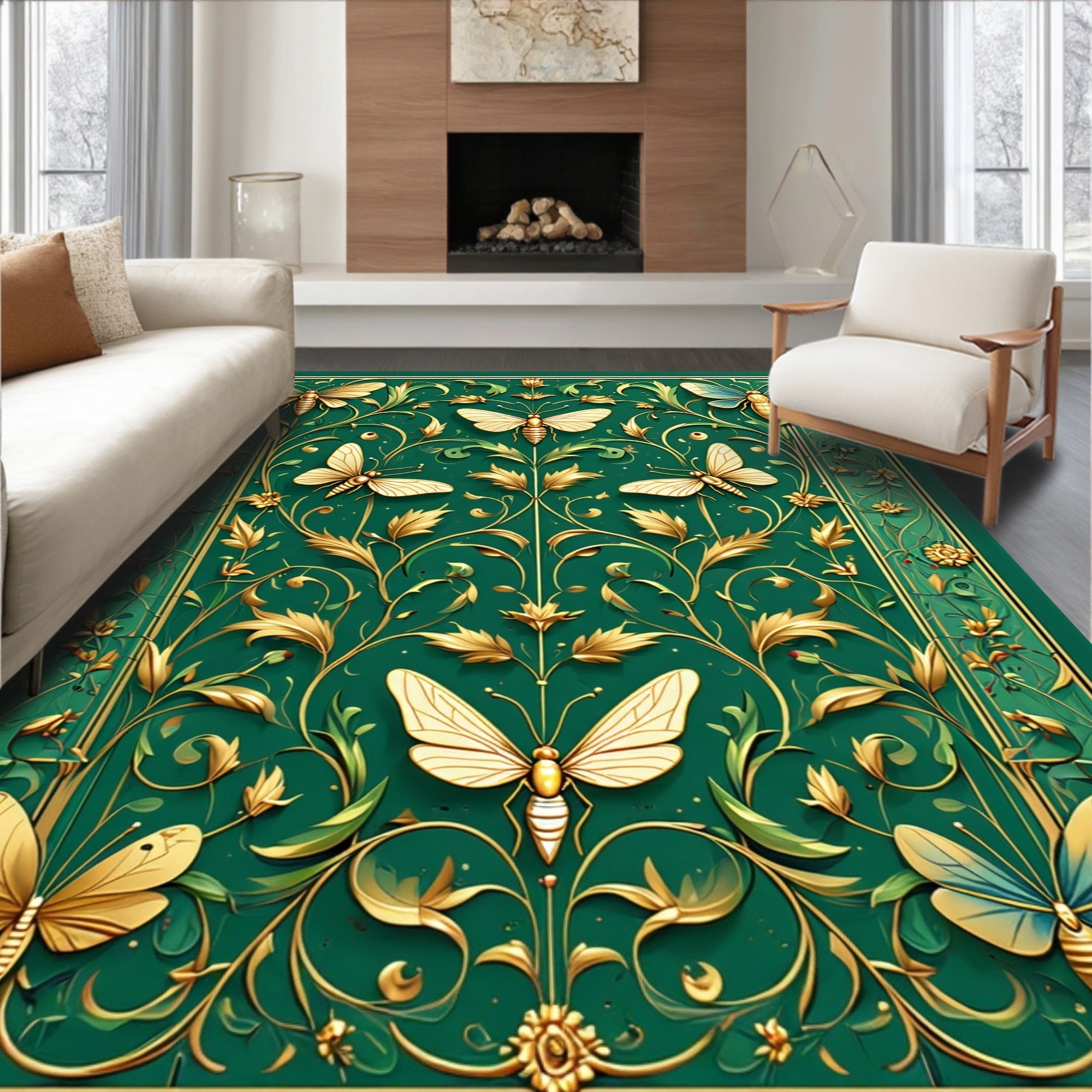 Ornate Emerald Butterfly Floral Design Rug