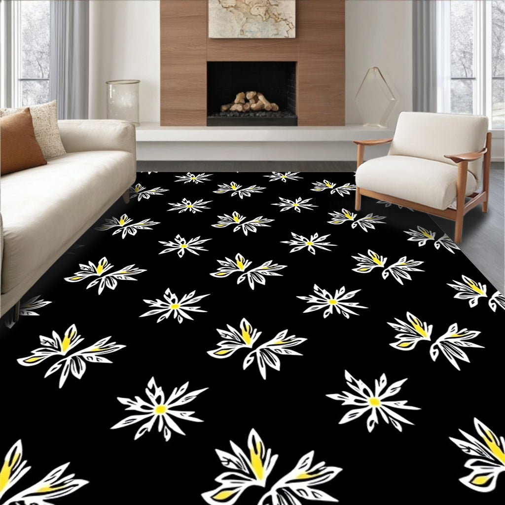 Black White Yellow Floral Burst All-Over Rug