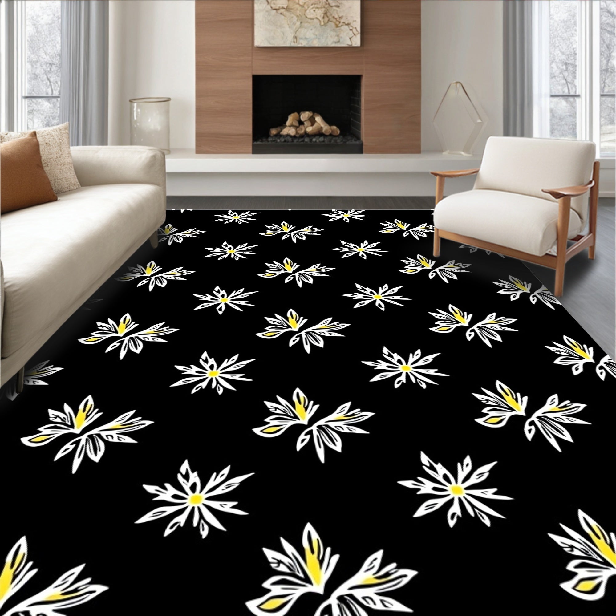 Black White Yellow Floral Burst All-Over Rug