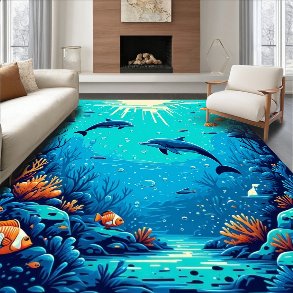 Vibrant Underwater Dolphins Coral Scene Rug